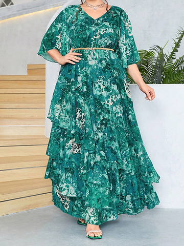 Woochic Robe longue à manches cloche en mousseline de soie à la mode, grande taille XL